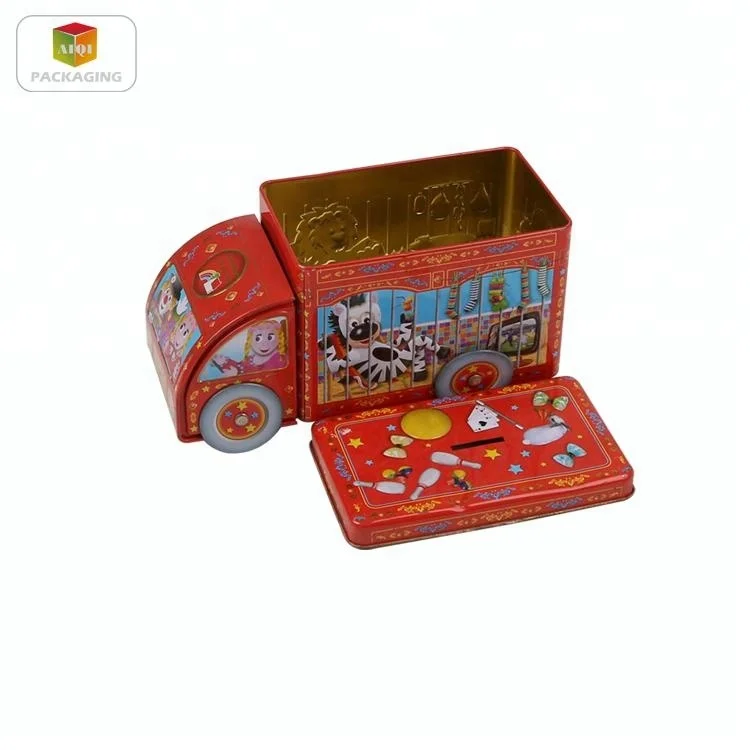empty offset printed bus shaped tin box for chocolate packaging