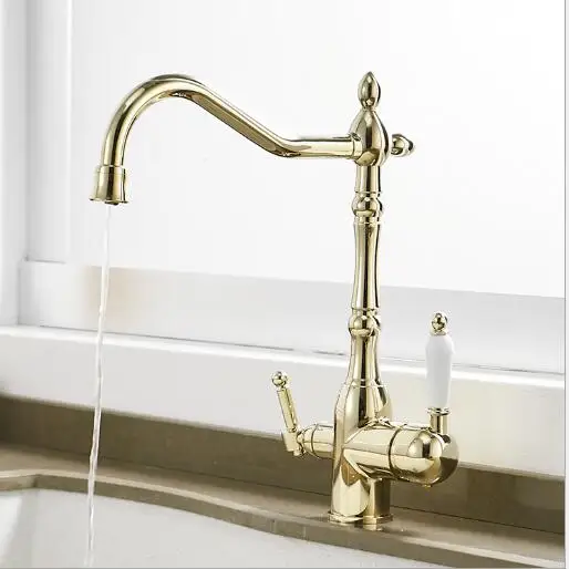 European Style Double Handle Brass Gold Kitchen Faucet