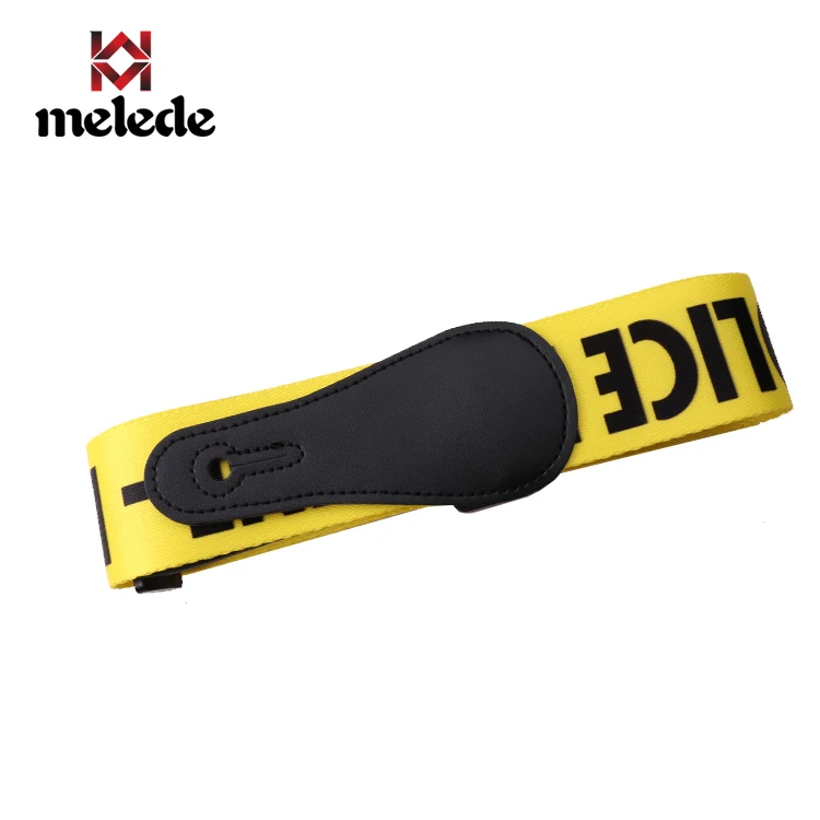 
Thermal transfer polyester yellow police line bass electric anime guitar strap with PU leather ends polyester webbing strap 