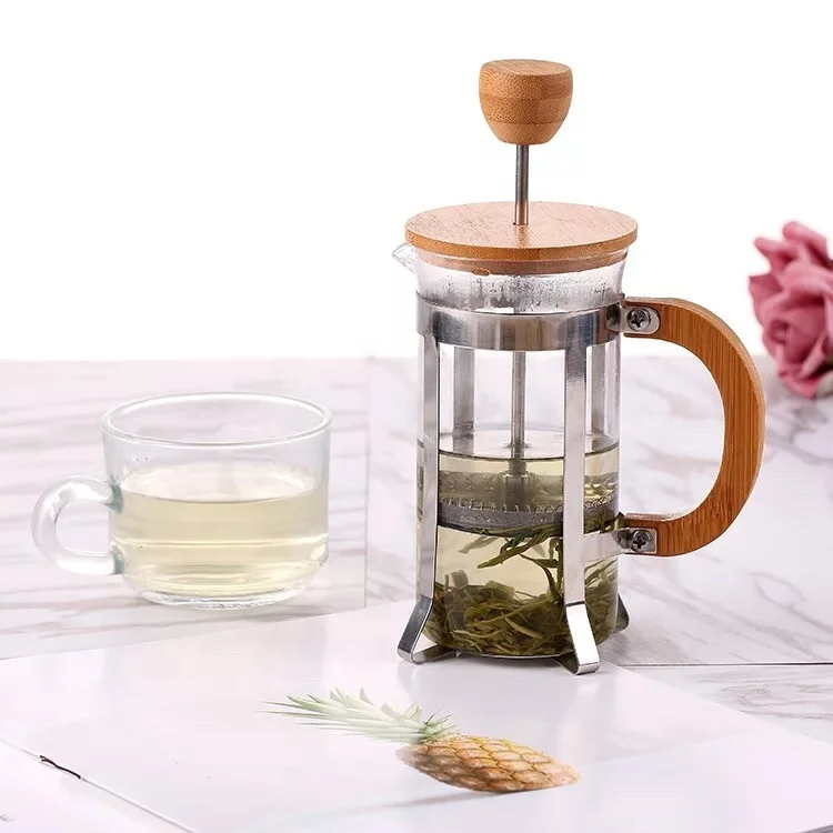 French Coffee Press with Bamboo Wood Borosilicate / Glass Coffee & Tea Maker with Stainless Steel Filter