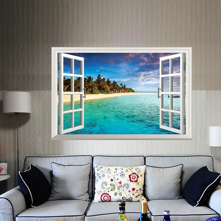 room decor large 3d sea beach scenery view pvc window decorative wall sticker