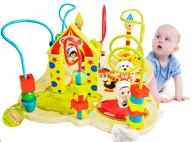 Wooden Cartoon Animal Circus Bead Maze Roller Coaster Activity Cube Toy Early Education Kids Educational Toys