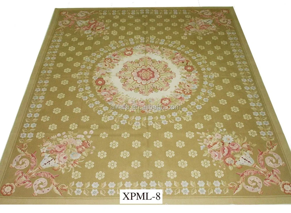 Aubusson china carpet, French style flat weave wool carpet in green color