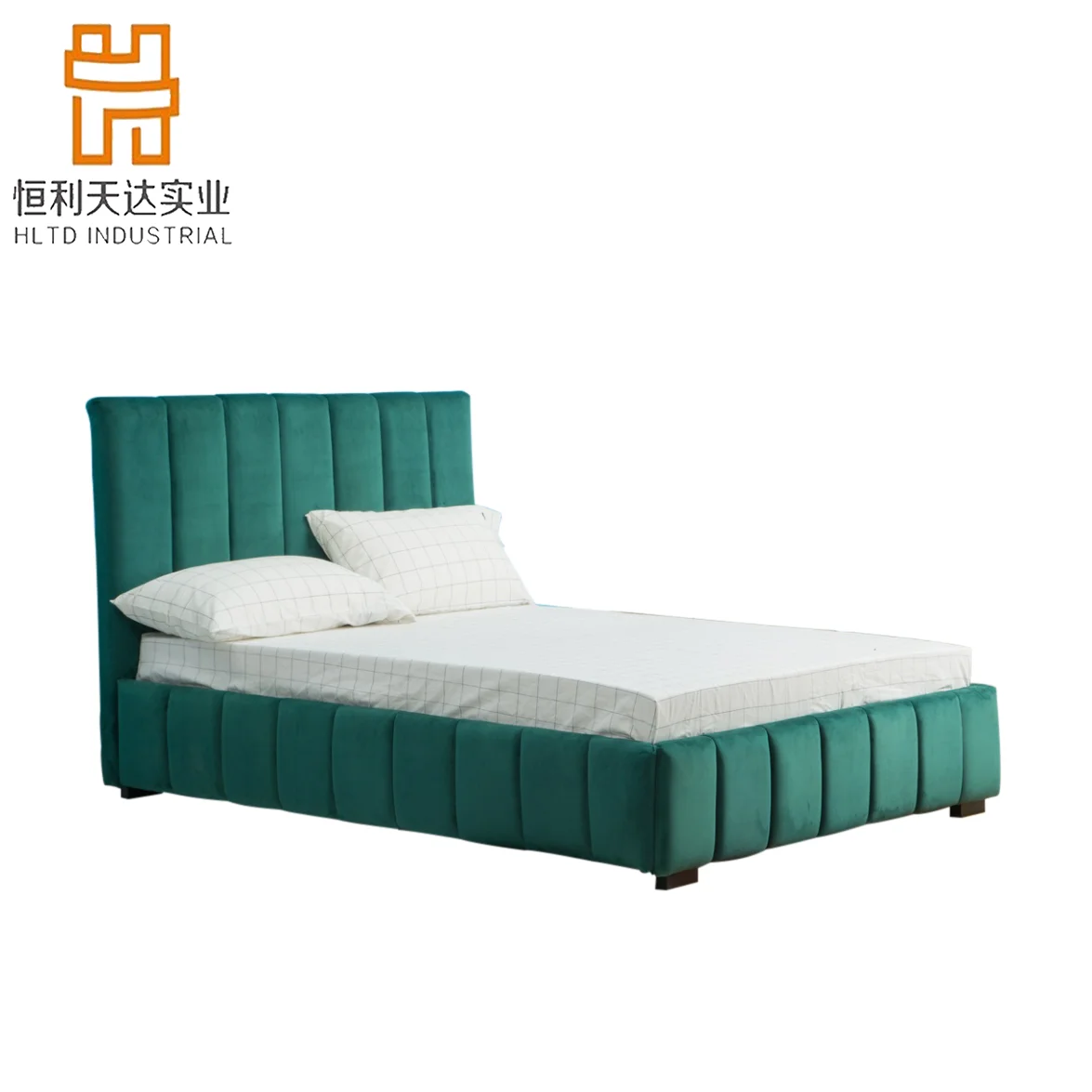 Luxury high headboard beige fabric bed latest designer modern double bed