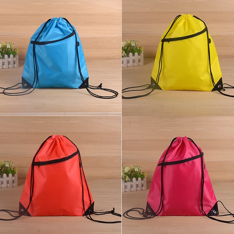 Custom Promotional Waterproof 210D Polyester Black Sports Nylon Drawstring String Back Pack Gift Bag with Zipper Pocket logo