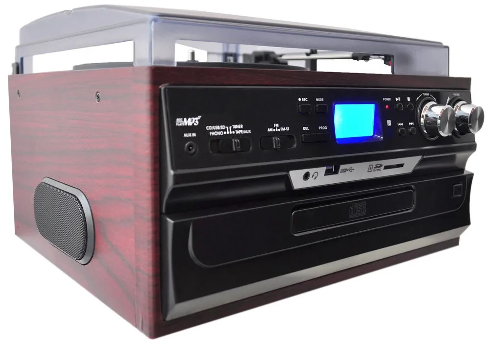 portable vintage 3 speed lp turntable record player & cassette /CD/USB radio player