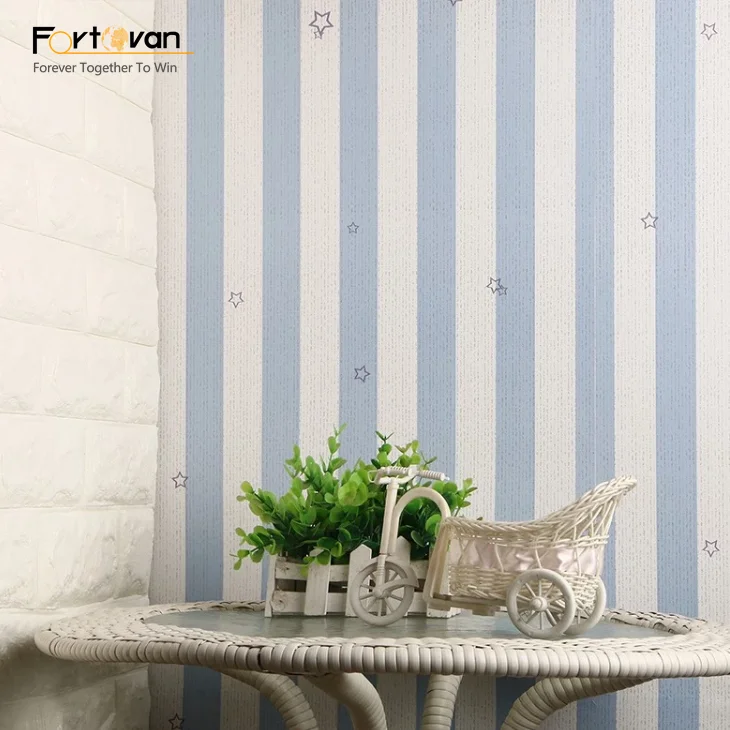 Blue/pink star striped adhesive embossed pvc wallpaper