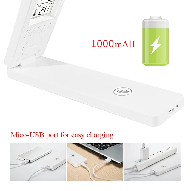 LED table lamp  with rechargeable battery USB Desk lamp with clock, calender, temperature