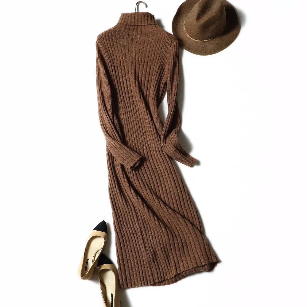 Ladies winter women stripe casual dress cashmere dress wool turtleneck evening dress Cable Knit Sweater for women