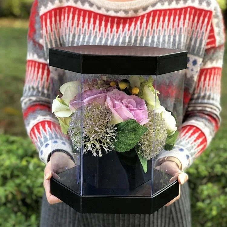 Custom printing cardboard hexagon shape PVC transparent box flower boxes