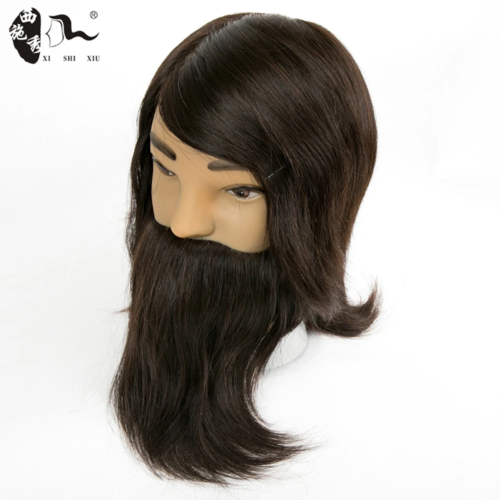 XISHIXIU Human Real Hair Training Doll Manikin Head with Beard Moustache Barber Practice Realistic Male Men Mannequin Heads