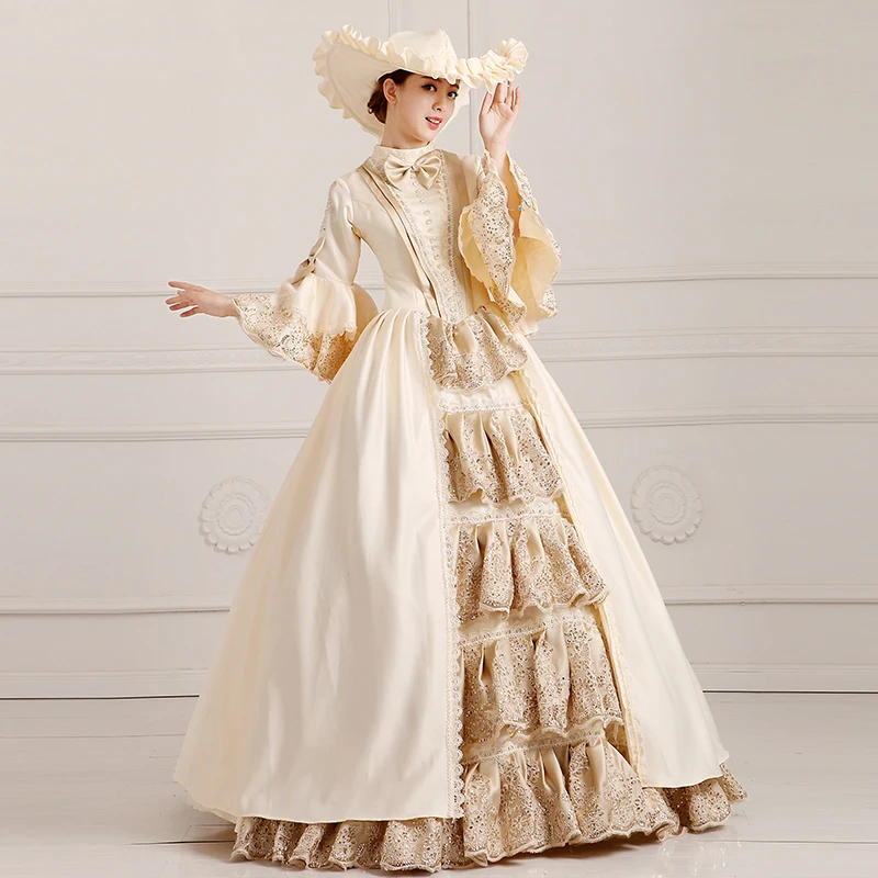 Women Champagne Elegant Lace Bow Satin Long Evening Party Dress Lolita Dress