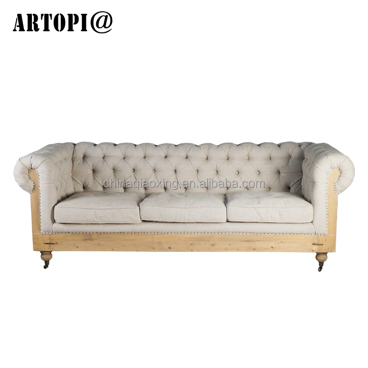 Alibaba деревянные ножки белый цвет ткани отель диване гостиной Винтаж Оригинал Винтаж три-мест Диван диван Честерфилд