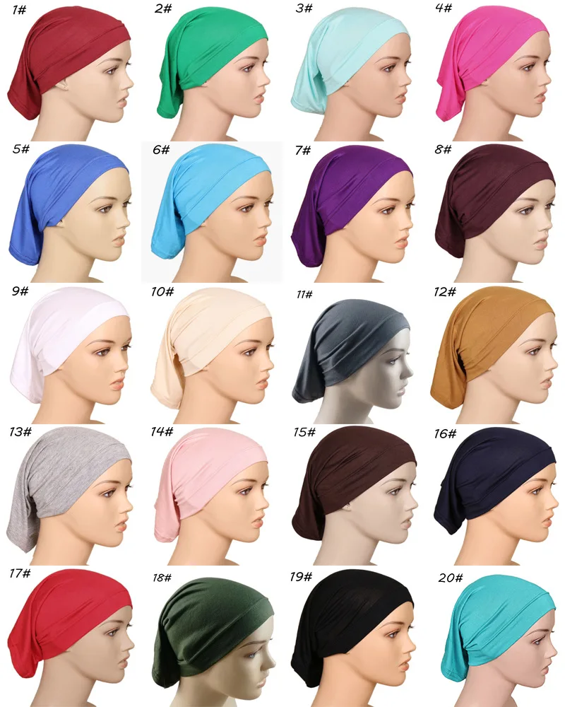 
Wholesale 20 Color Muslim Caps Monochrome High Elastic Mercerized Cotton Cap for Women 
