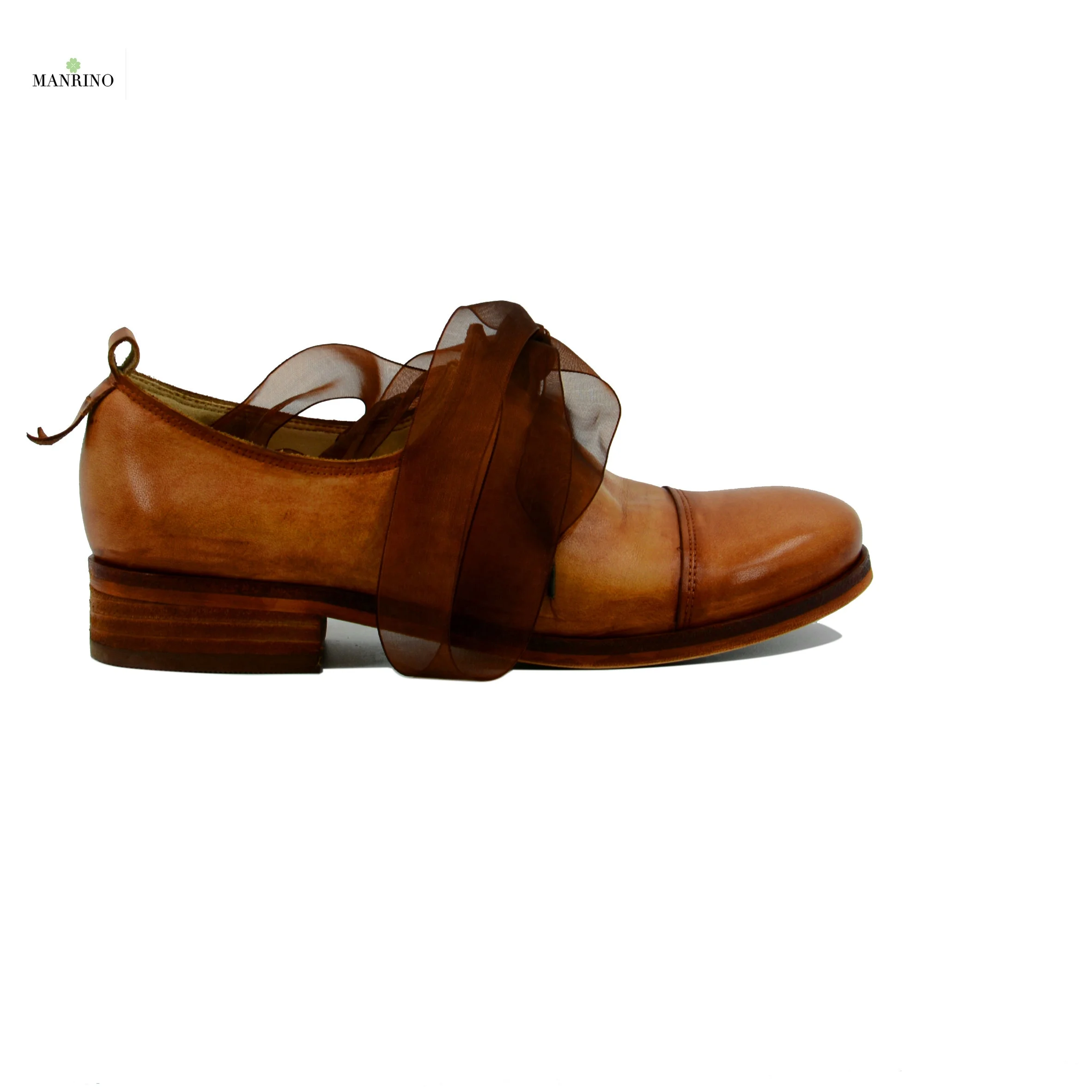 
MANRINO-0147 Lady Waxed Cow Leather Finishing Treatment Red Brown Wood Heel Ribbon Lace Up Women Closed Round Toe Casual Shoes 