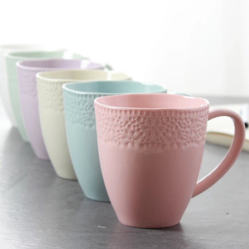 M013 12oz 360ml porcelain custom lace decorative ceramic embossed tea mug