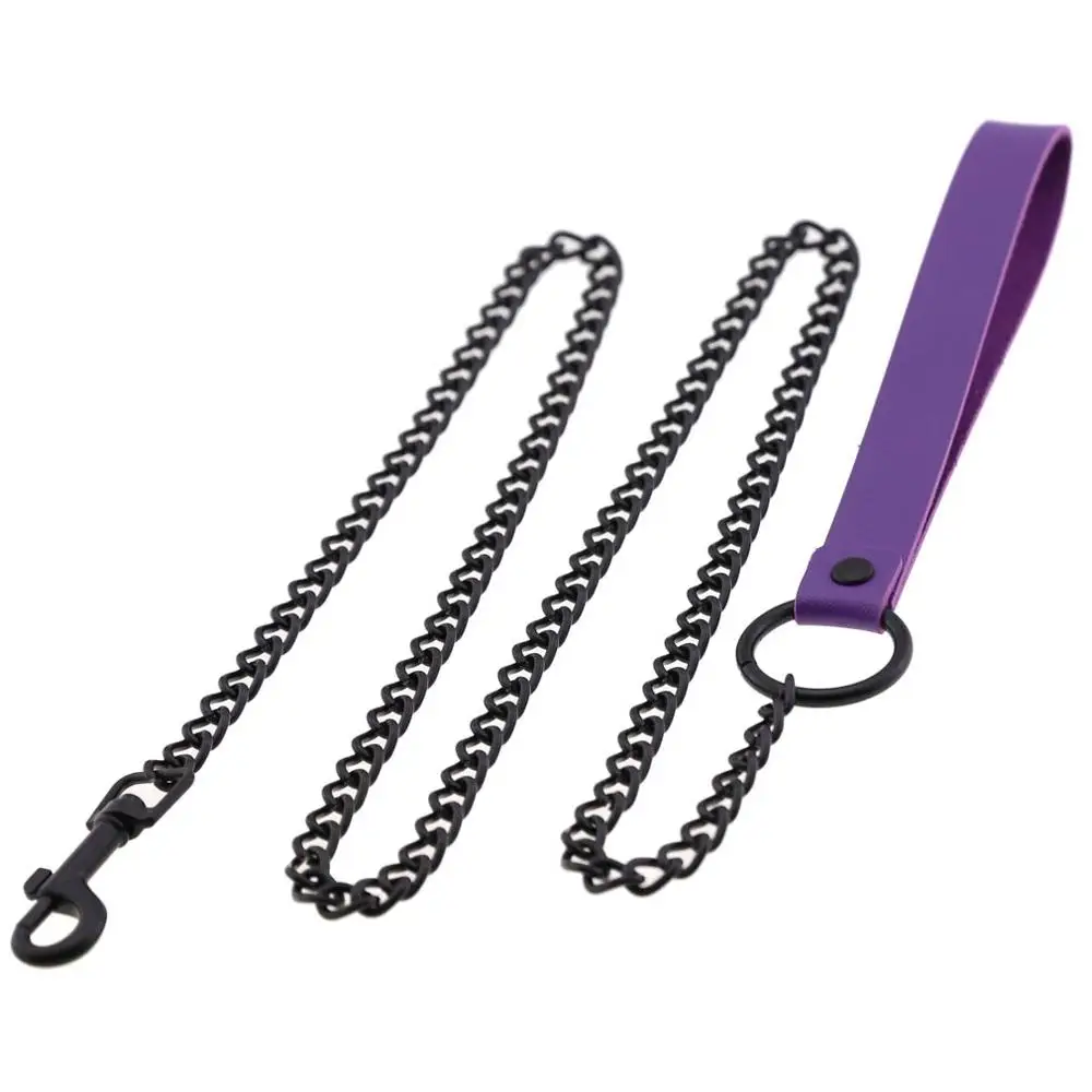PU Leather Handle Pet Traction Rope Dark Black Metal Chain Traction Belt,Sex Toys For Couple