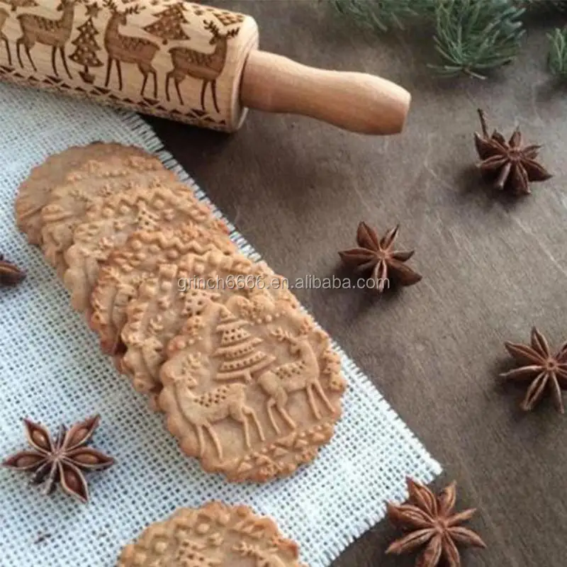 Christmas Reindeer Dog Cat Star Embossing Rolling Pin Baking Cookies Biscuit Fondant Cake Dough Engraved Roller