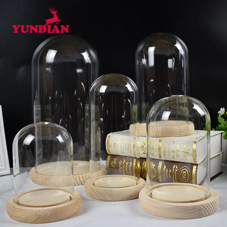 Factory Wholesale Different Size Oval Shape Bell Display Cloche Transparent Clear Glass Dome With Base Wood For Home Decor