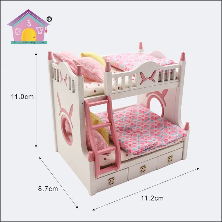 New diy miniature wooden pink doll bed furniture for children,dollhouse miniature bed wholesale
