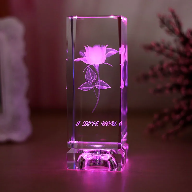 
3D laser engraving pattern LED crystal cube,crystal laser cube rose 