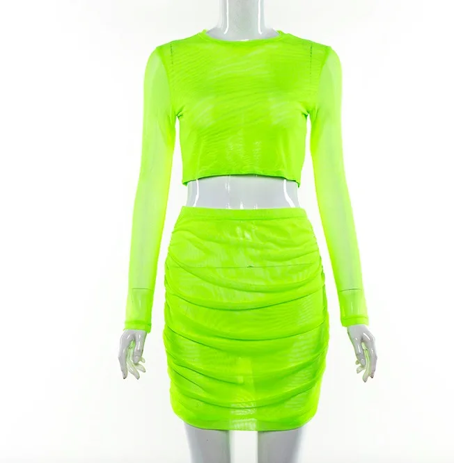 Neon Green Mesh Sexy Two Piece Set Skirt and Crop Top Women 2 Piece Summer Matching Sets Club Outfits