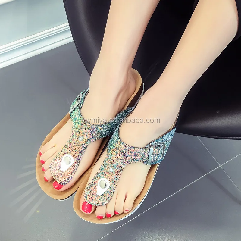 AM-678 Latest Hot selling Alice Moon In stock ladies buckle sandals wholesale sequined beach flip flop for kids & women