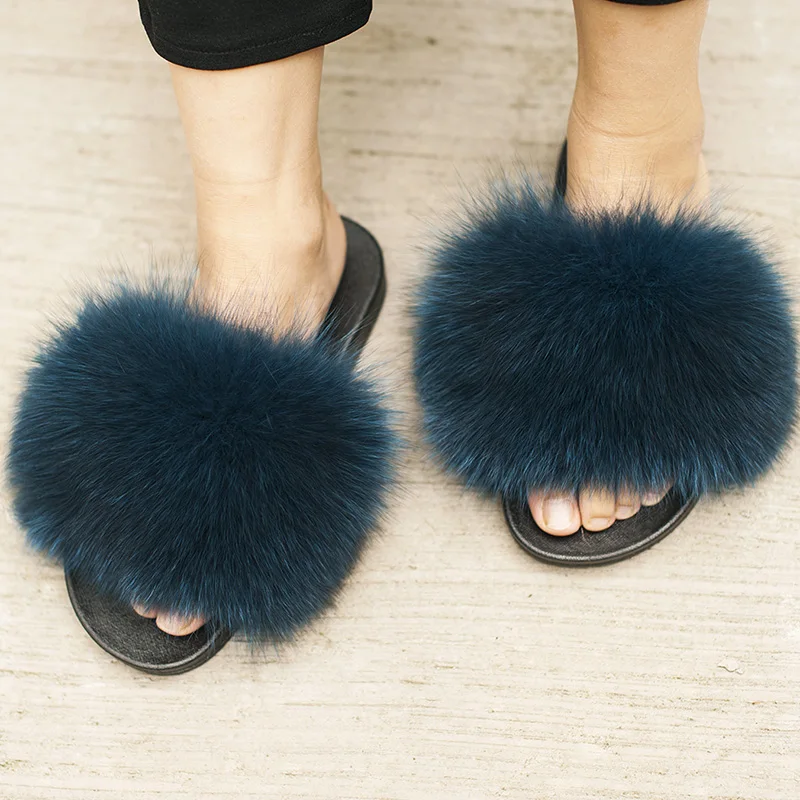 CX-A-70B Factory Wholesale Long Hair and Soft Real Fox Fur Slides for Women
