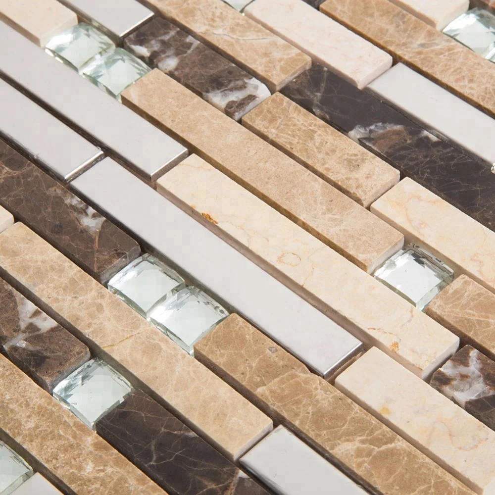 High quality brown marble blend metal strip mosaic tile