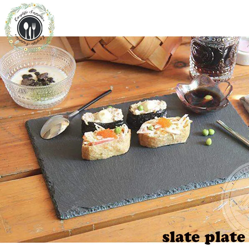 large rectangle square black natural slate table servingplace mats placemats tray steak dinner plate