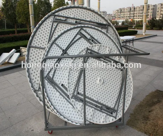 Round folding table trolley cart, round banquet table steel frame, table trolley