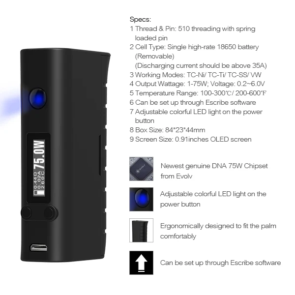 2016 Evolv ДНК 75 Вт чип SDNA 75 Вт мод Evolv ДНК 75 чип мини окно мод Пистолет-ручка Дизайн С Evolv DNA75 чип