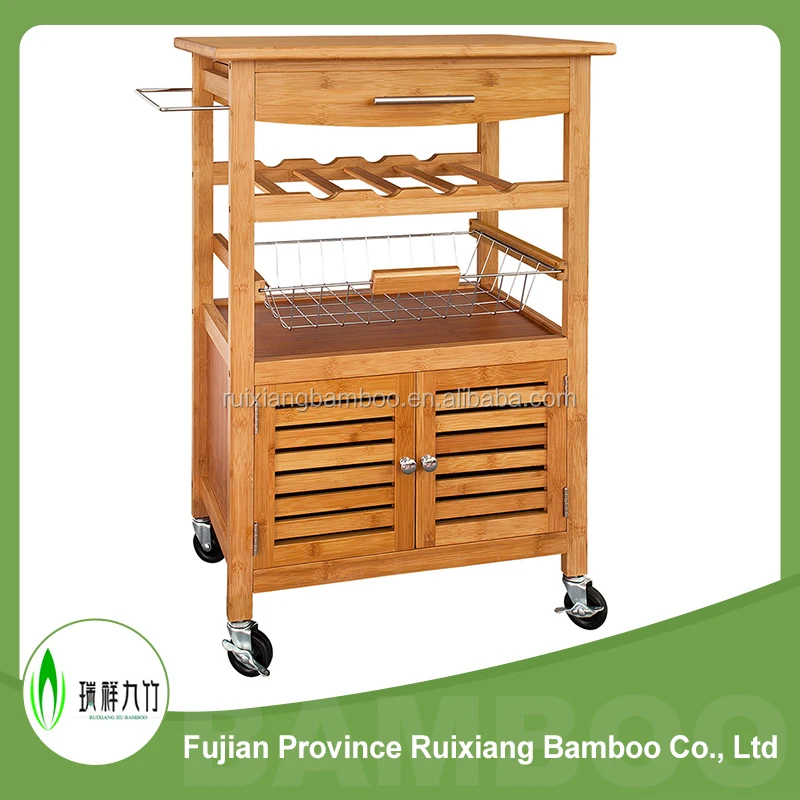 Bamboo wooden 1 wire basket 1 shelf kitchen trolley with wheels