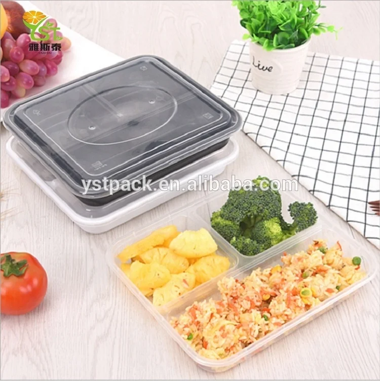 Disposable black plastic pp takeaway square 3-compartment bento lunch box food containers