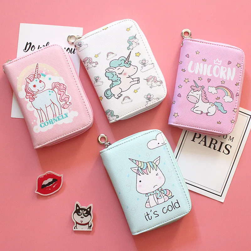 Fashion Zipper Print Student Cartoon Unicorn PU Leather Wallet Coin Purse