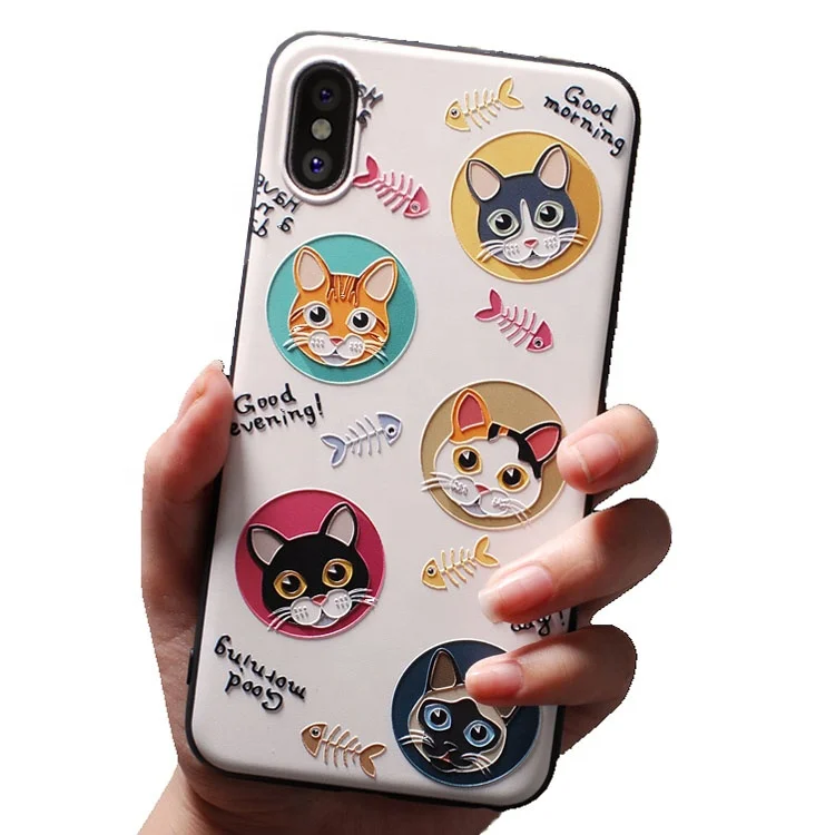 Custom Cute Cartoon 3D Cat Emboss Silicone Mobile Phone Case For iPhone 8 Plus X ,Mobile Phone Accessories