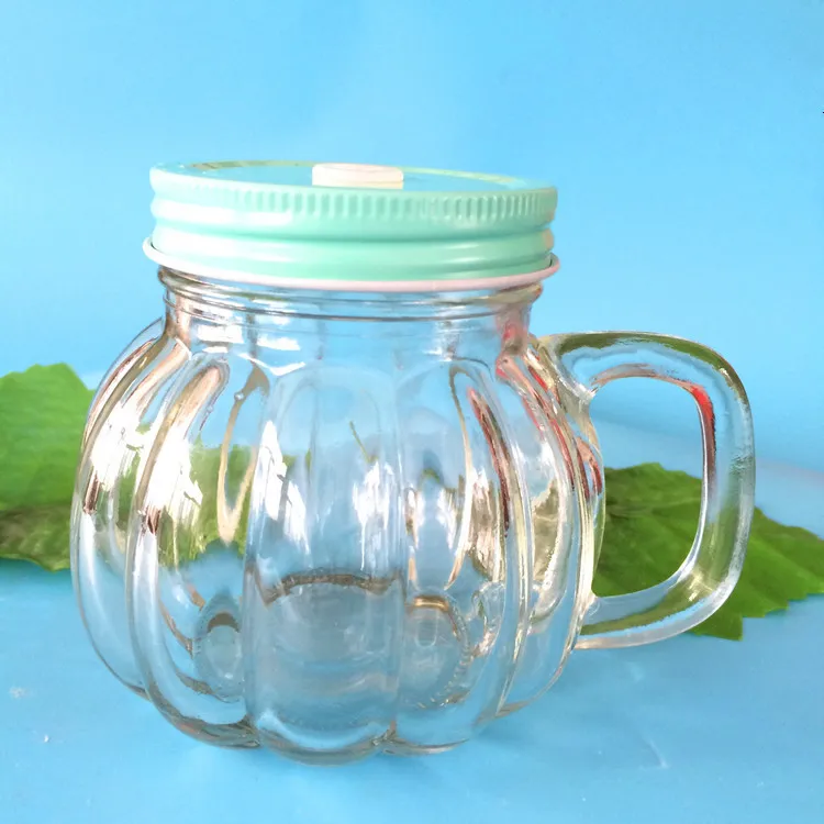 Custom design pumpkin shaped 350ml glass embossed mason jar with straws