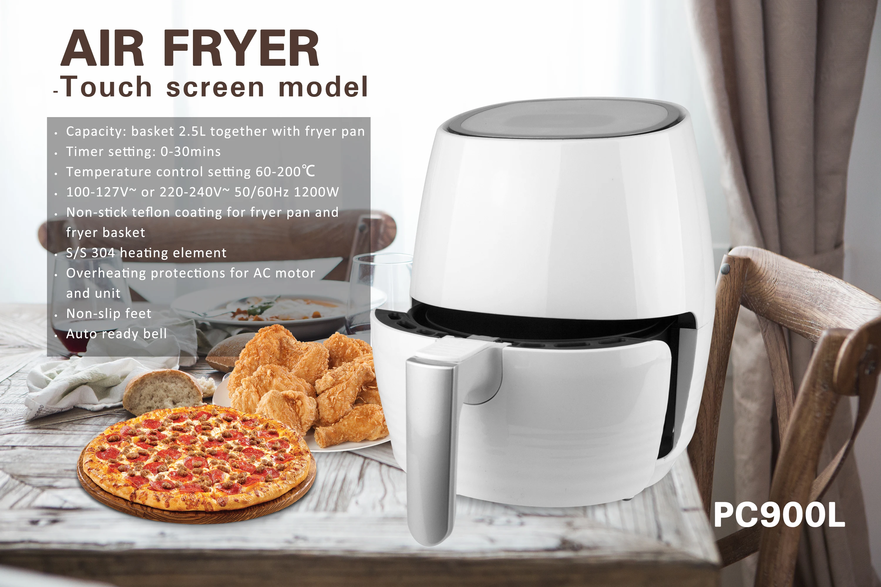 
2.5 L Air Fryer for Healthy Low Fat Cooking with Adjustable Temperature Control & Timer - 1200W 