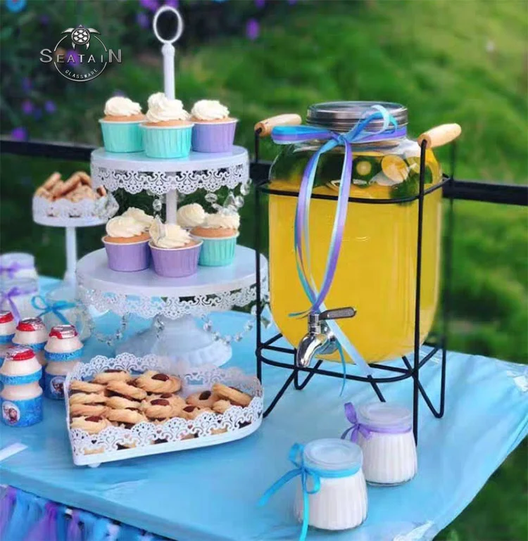 High quality glass honey syrup beverage drink dispenser with gold lid and frame