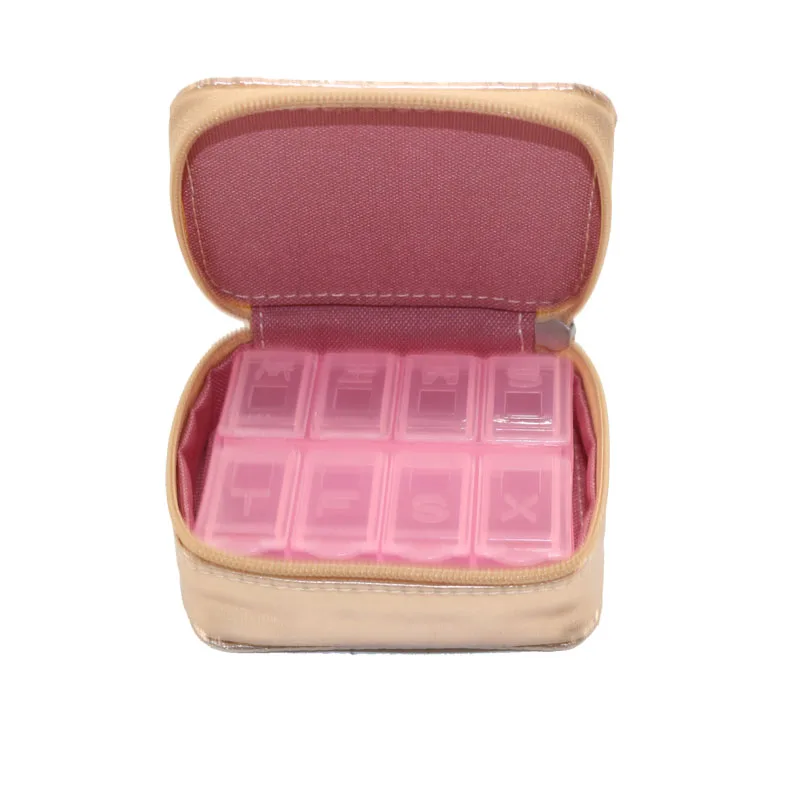Metallic Gold  Leather Weekly Travel Pill Organizer Pill Container Dispenser Case Vitamin Caddy Organizer