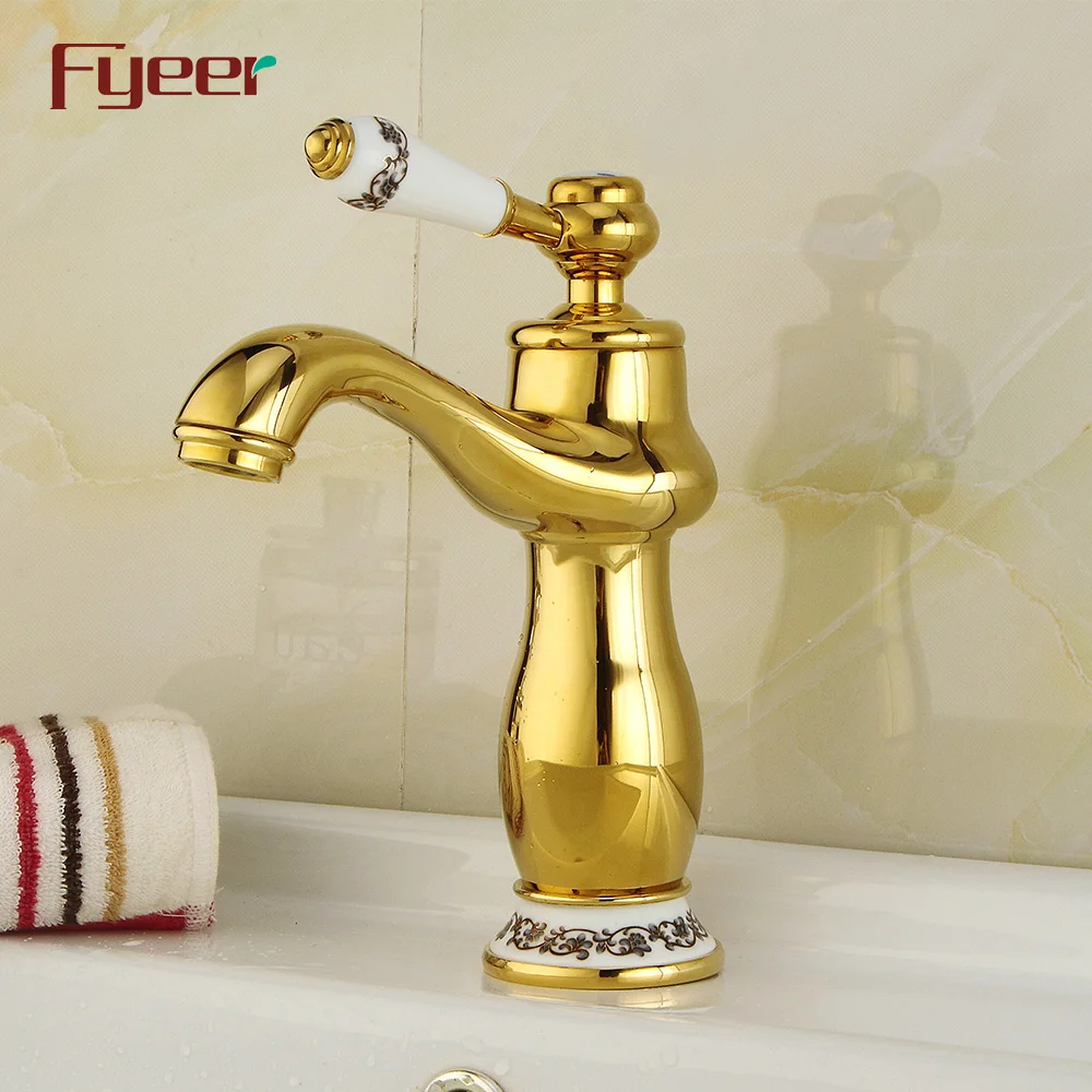 Fyeer Brass Body Golden Basin Mixer Taps with Ceramic Handle