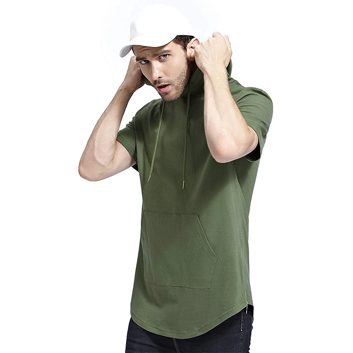 Hipster Hip Hop Elong Longline Hoodie Side Zipper Stretchy Short Sleeve Curved Hemline Gym Tshirt Hoodies