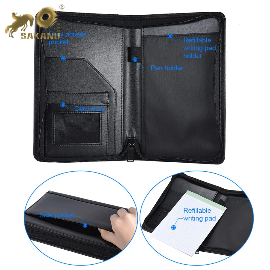 High Quality Professional Business Zippered a5 Padfolio PU Leather Modern Portfolio with Multiple Pockets