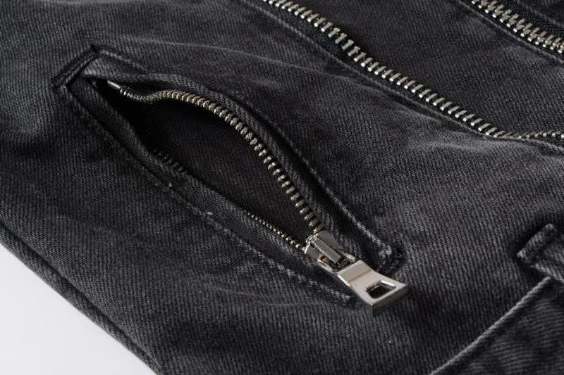 D&S factory dropshipping high street men black cool denim jacket belted distressed zipper jean jacket