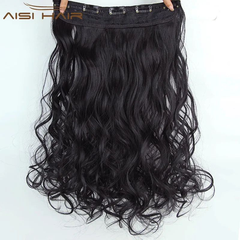 Synthetic Long Body Wave Hairpieces 5 Clips in Hair Extensions Heat Resistant Black Brown Color Fiber Hairpiece