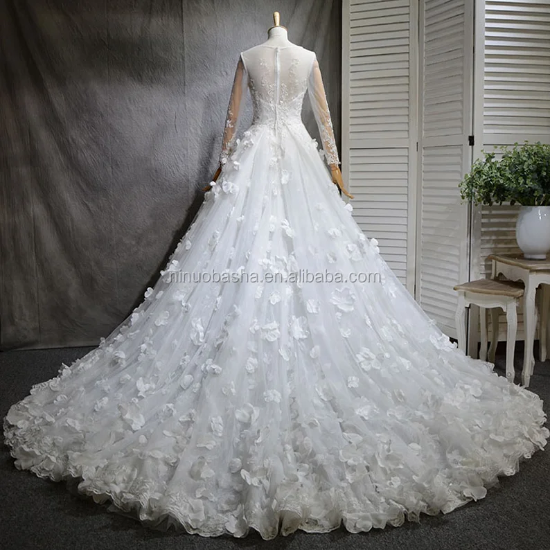 NW1273 Scoop Neckline Long Sleeve 3D Flower Lace A-line Elegant Wedding Dress With Detachable Train