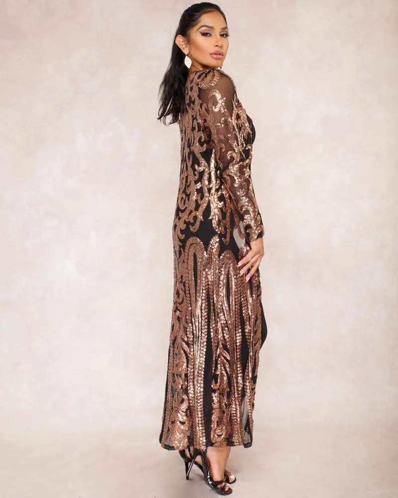 
2019 new dresses hot style in Euramerica sexy sequins decoration see-through cardigans lace mesh embroidery long skirt 