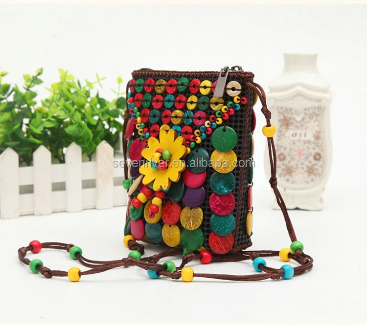 Handmade features beaded with flower zero wallet vertical mobile phone national style bag