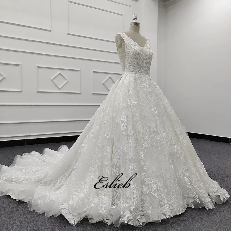 Eslieb 2019 luxury  corset wedding dress lace  floor-length V-neck sleeveless court Train ivory wedding dress bridal