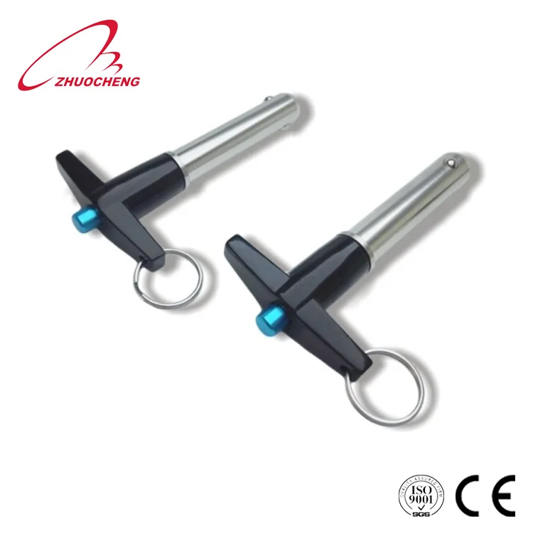 Auto push button handle quick release ball lock pin with ring